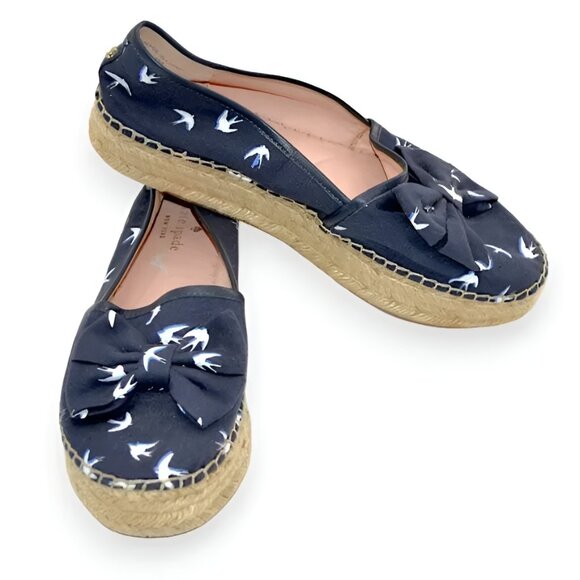 Kate Spade Navy Blue White Birds Canvas Leather Espadrilles Loafers Sandals 8 - Picture 4 of 10